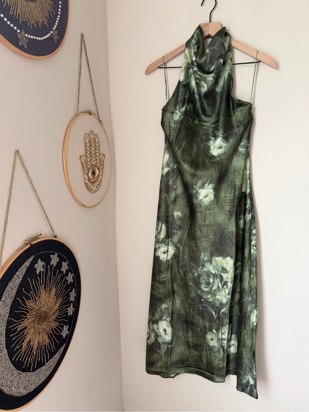 Green Floral Cowl Halter Maxi slip Dress